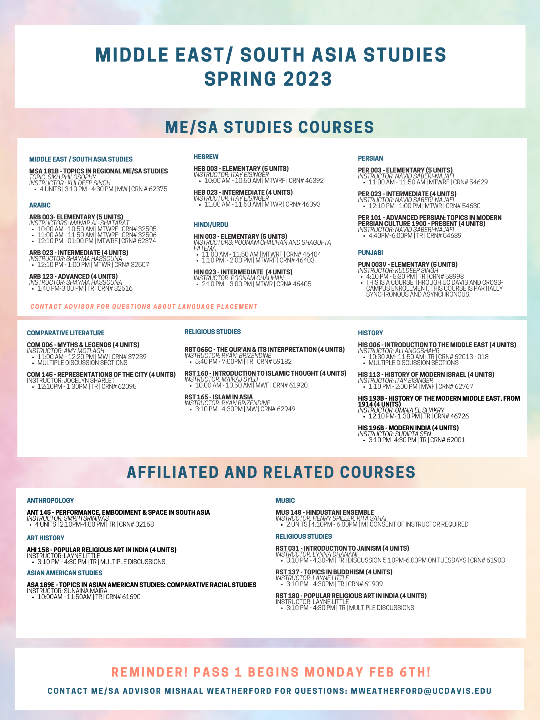 Spring 2023 Course List Middle East/South Asia Studies